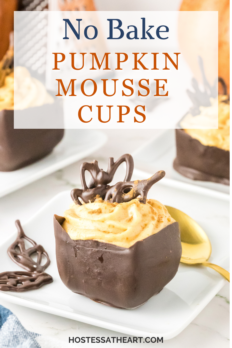 Sideview of a homemade chocolate cup filled with a creamy pumpkin mousse - hostess At Heart