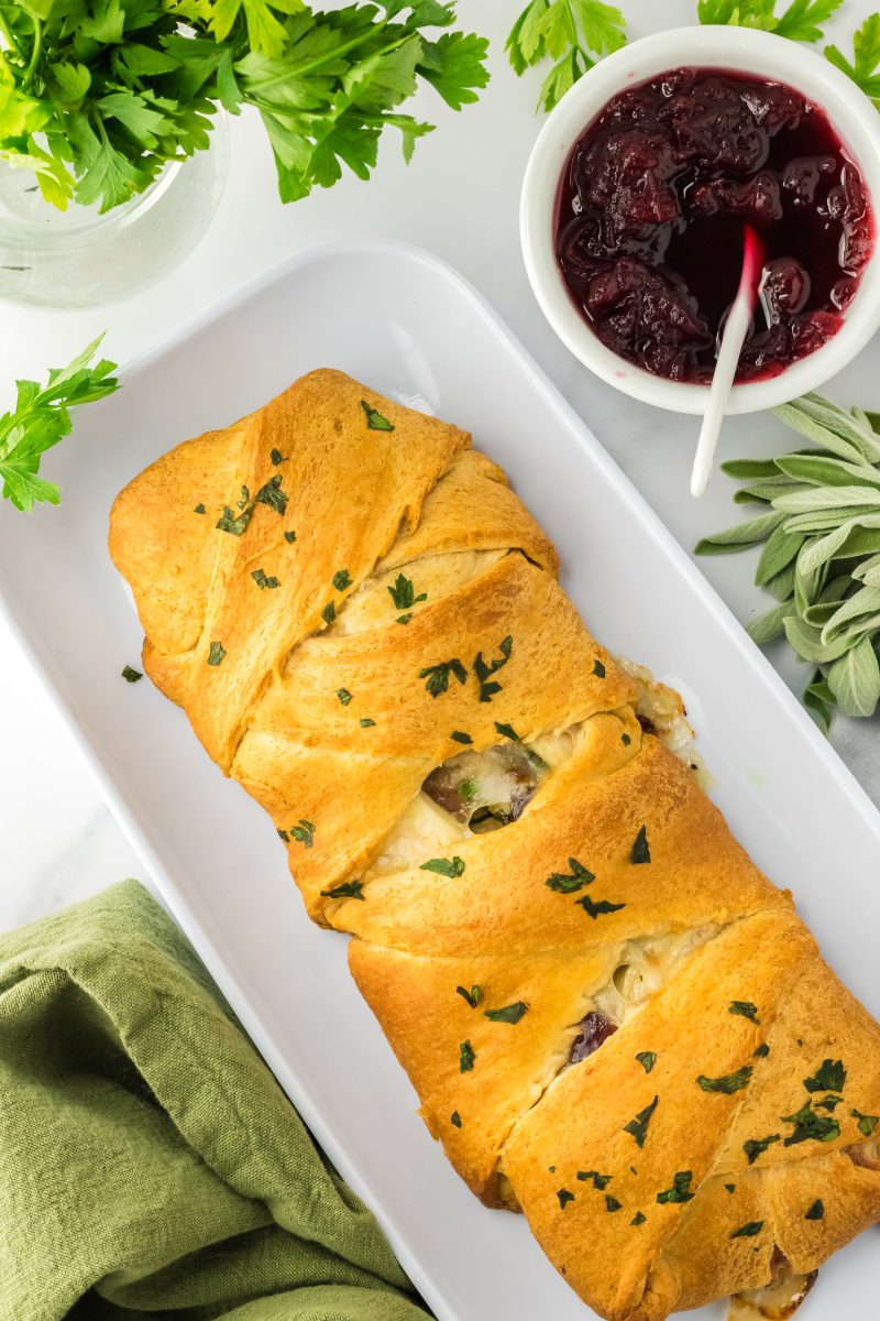 Top down view of a Turkey and Cheese Crescent Roll Braid - Hostess At Heart
