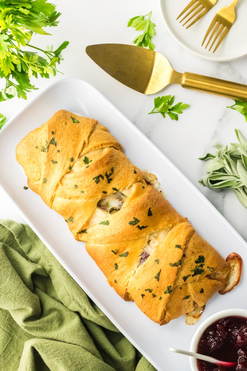 Top down view of a baked Turkey and Cheese Crescent Roll Braid - Hostess At Heart
