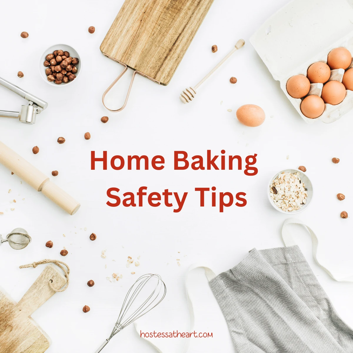 Stock photo of baking ingredients and equipment used as a background for Home Baking Safety Tips