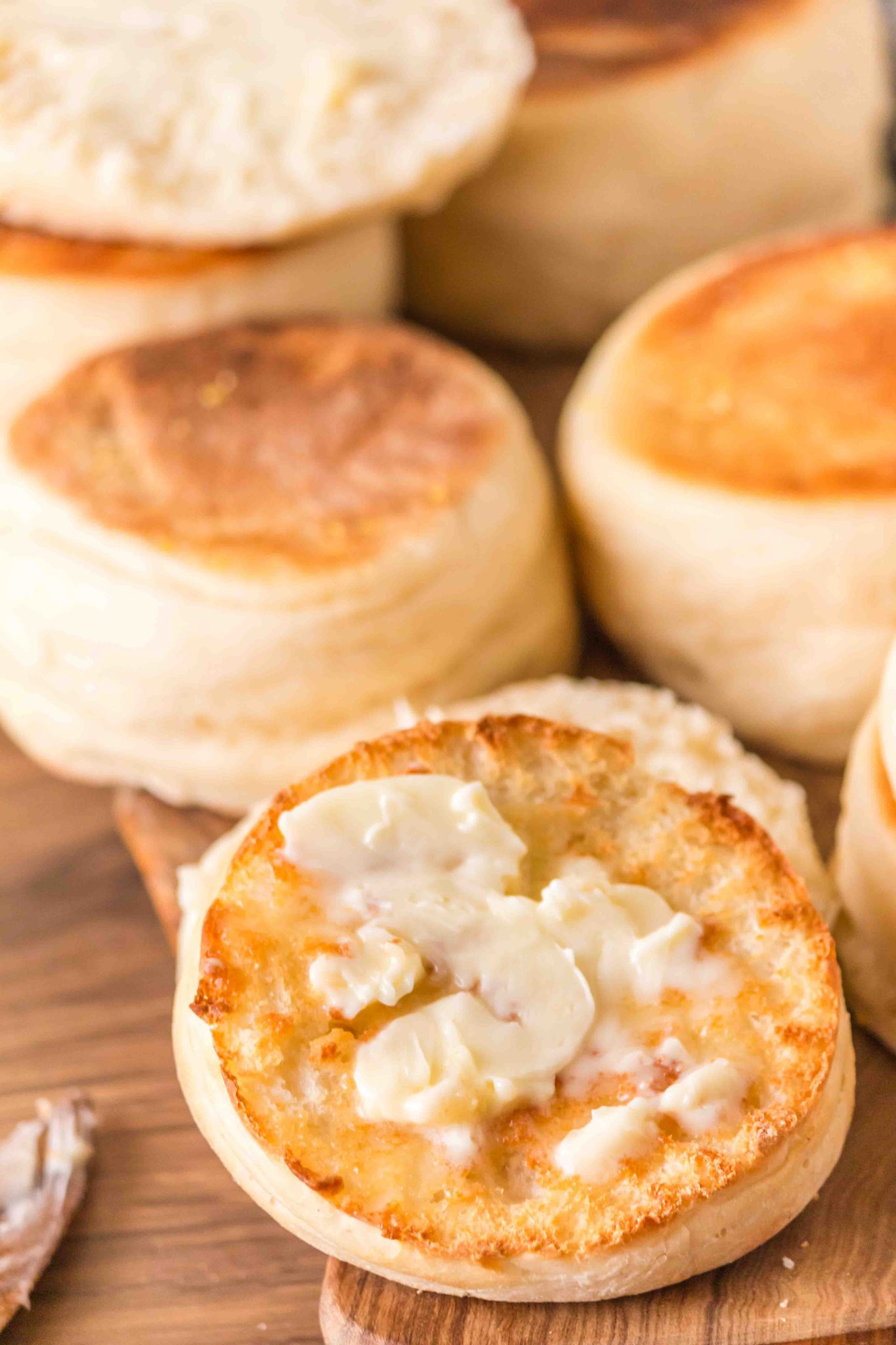 Buttered, homemade English muffin ready to eat. Hostess At Heart
