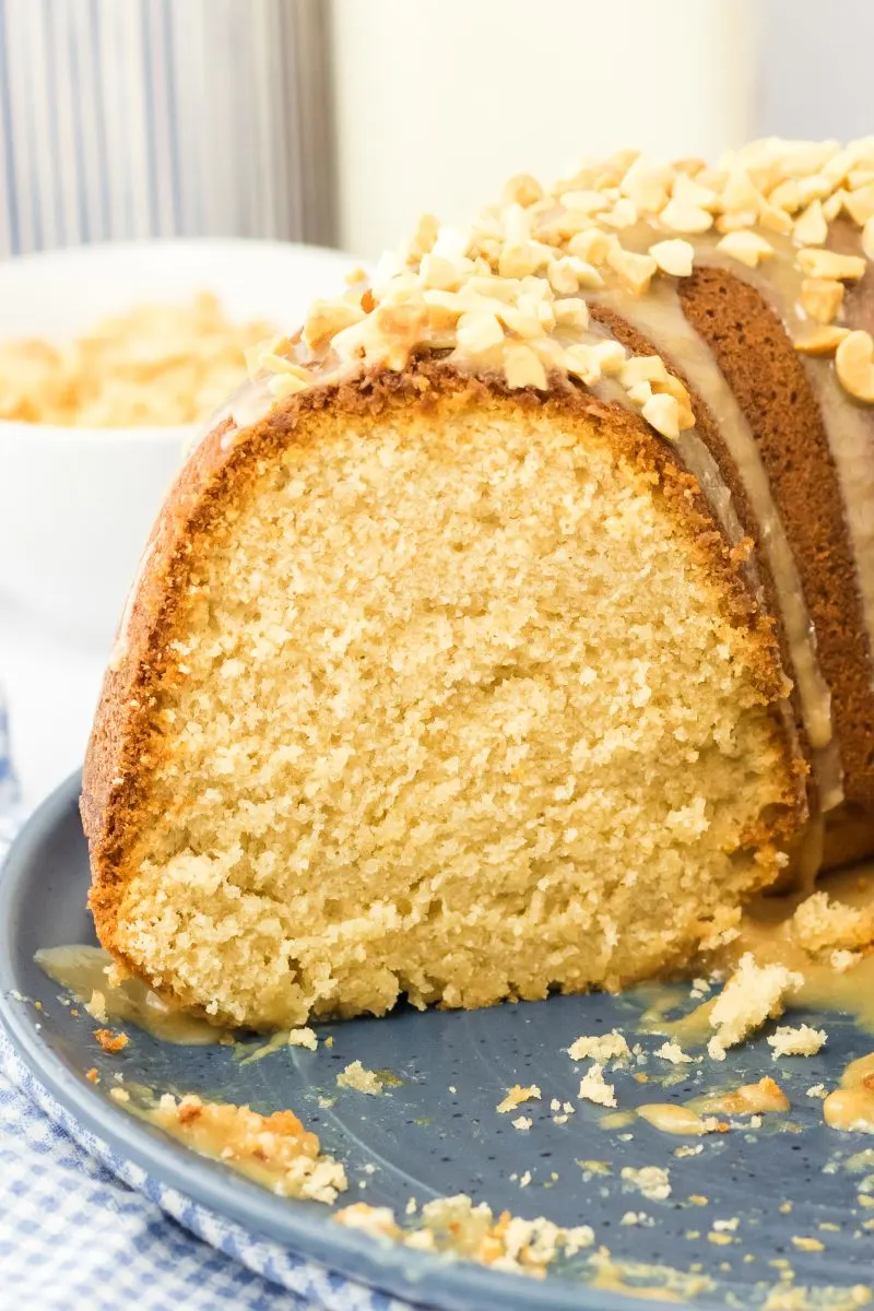 Close up view of a sliced peanutbutter bundt cake show