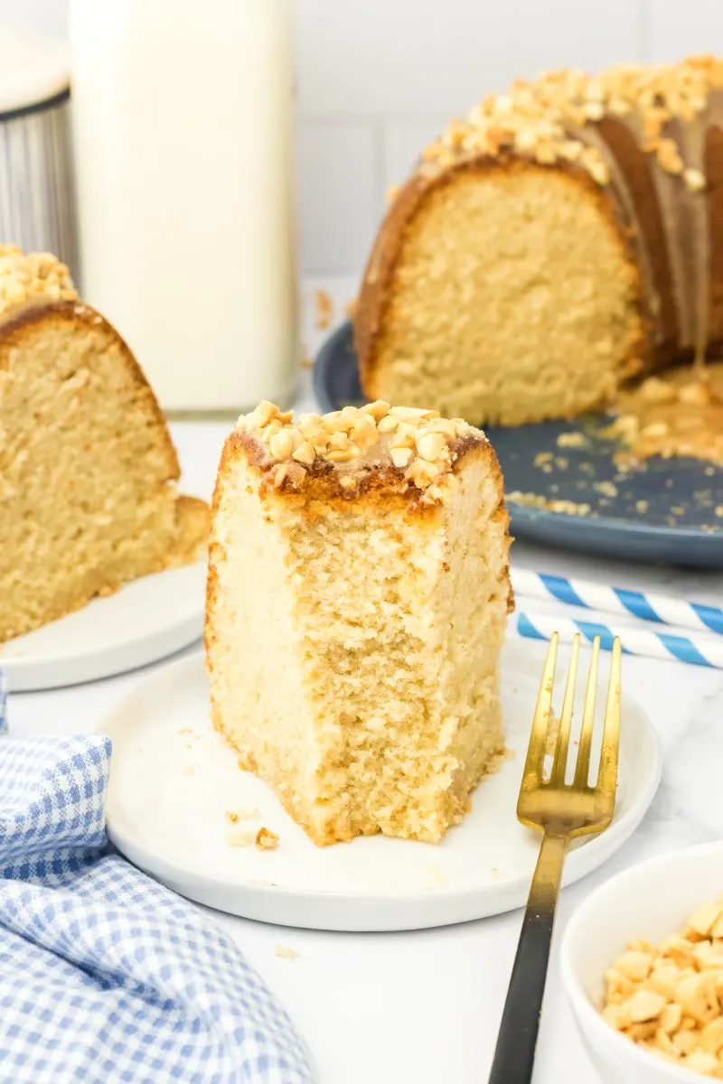 Front view of a slice of peanut butter cake with a bite taken from the front of the piece - Hostess At Heart