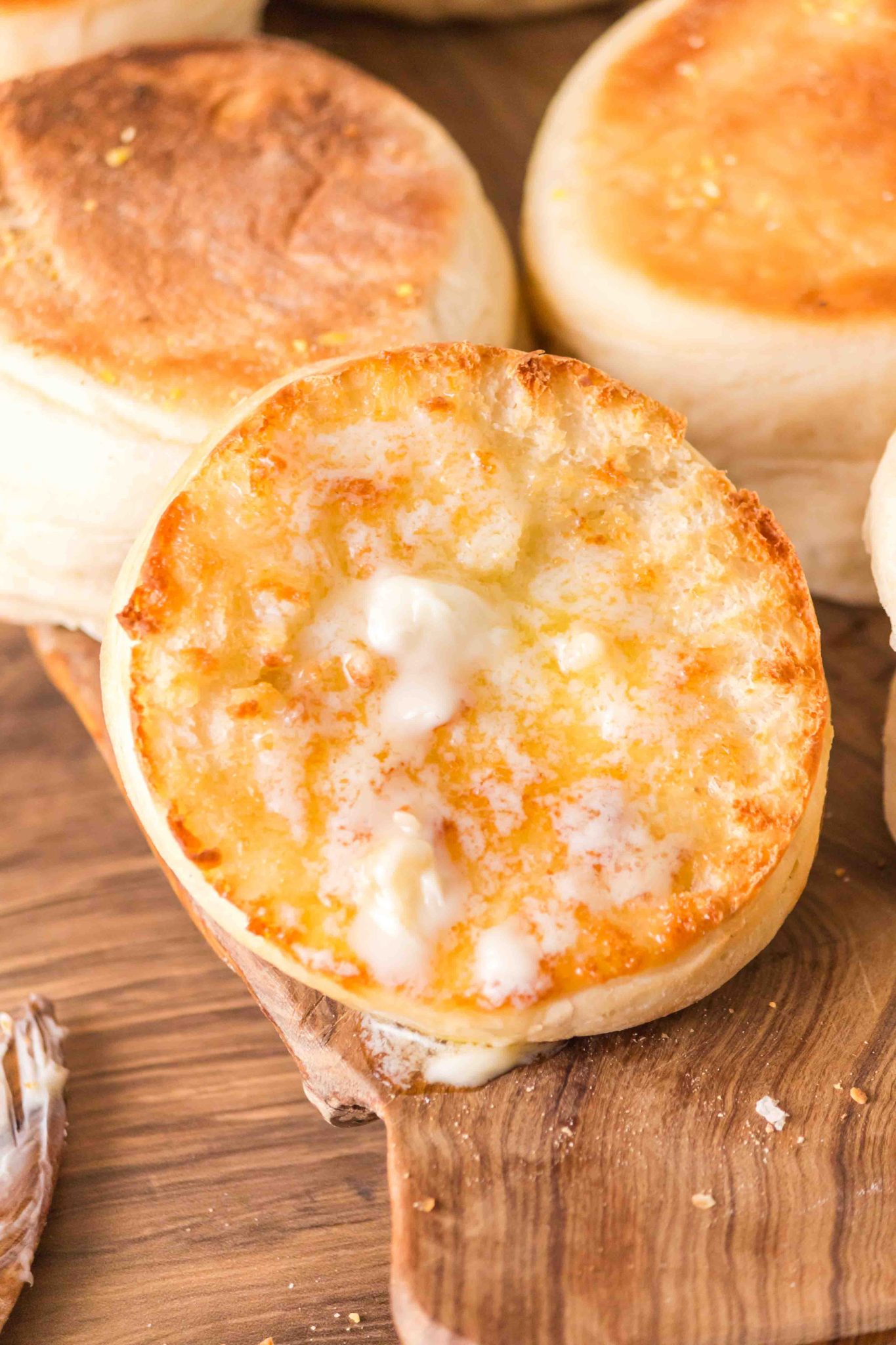 Buttered, homemade English muffin ready to eat. Hostess At Heart