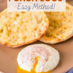Image for Pinterest of a cut drippy poached egg sitting on a plate in front of a toasted English Muffin