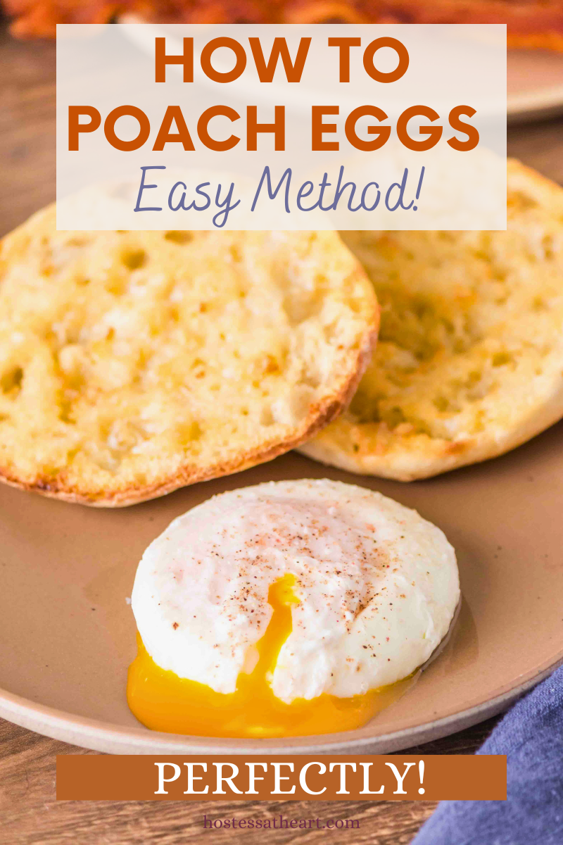 Image for Pinterest of a cut drippy poached egg sitting on a plate in front of a toasted English Muffin
