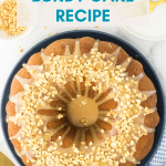 Top down view of a Pinterest image for a Peanut Butter Bundt Cake recipe with Peanut Butter Glaze. Hostess At Heart