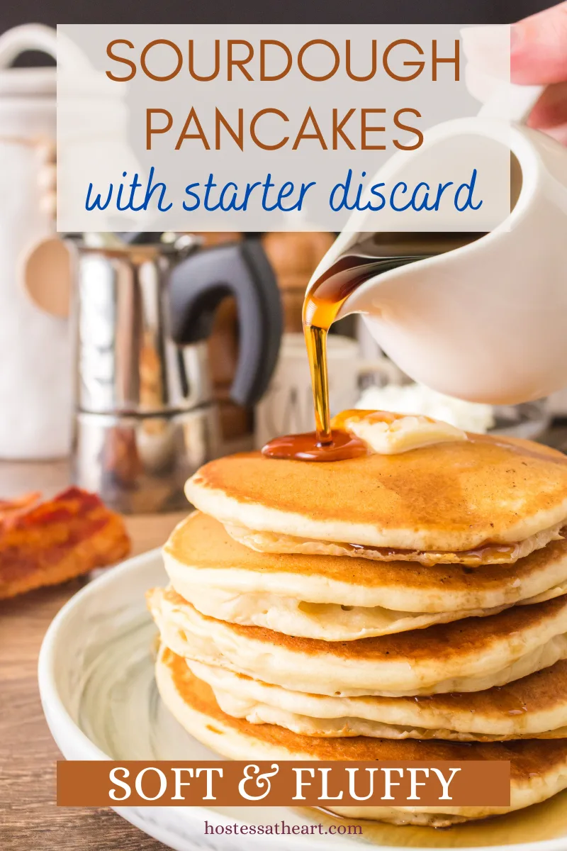 Sideview of 5 stacked pancakes being drizzled with maple syrup - Hostess At Heart