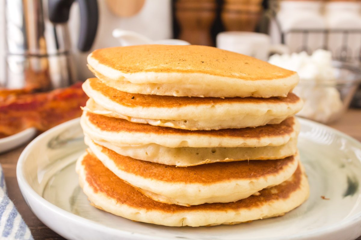 A stack of soft fluffy pancakes make with sourdough starter. Hostess At Heart