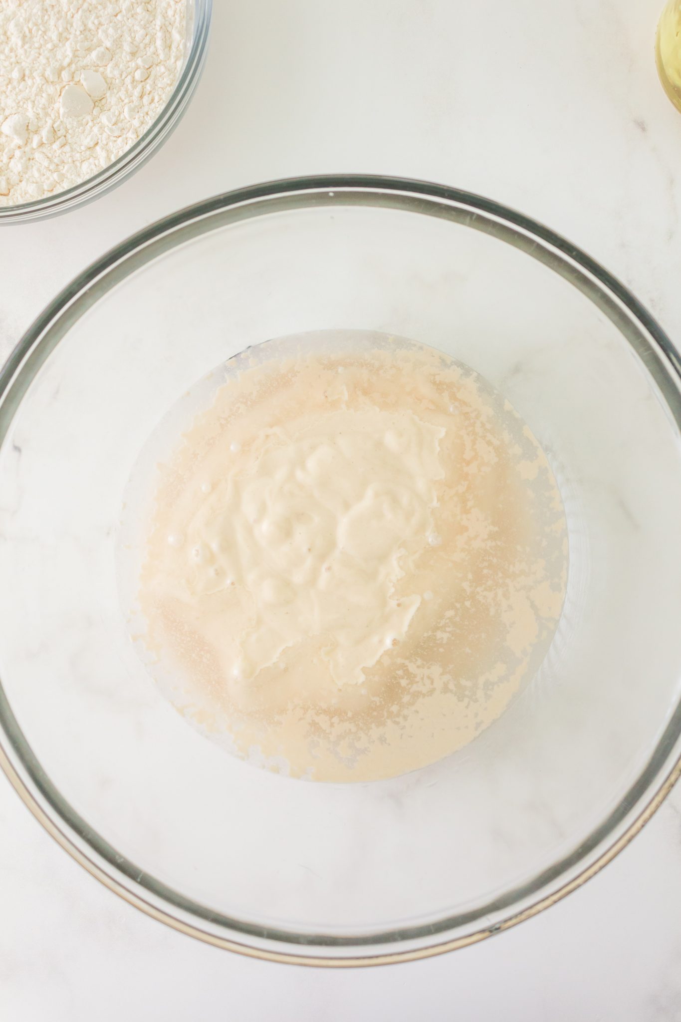 Mixing bowl containing water, sourdough starter, yeast, and sugar. Hostess At Heart