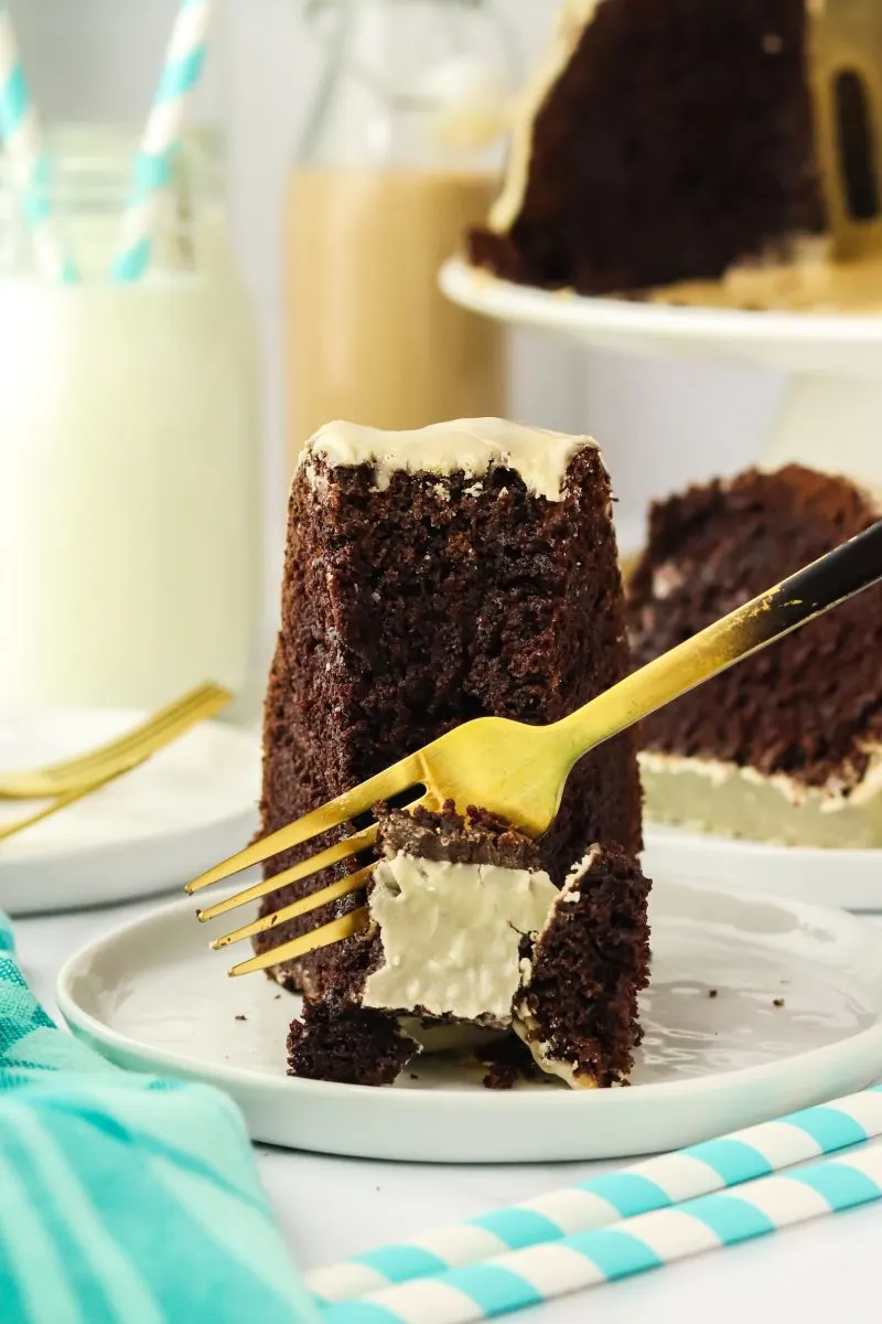 A front view of a fork running through a slice of glazed chocolate bundt cake sitting on a plate. Hostess At Heart