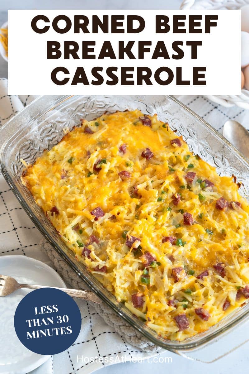 Top down view of a breakfast casserole with leftover corned beef - Hostess At Heart