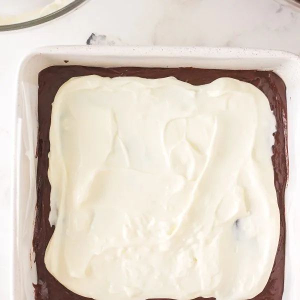 A smooth layer of cream cheese filling over the top of chocolate batter - Hostess At Heart