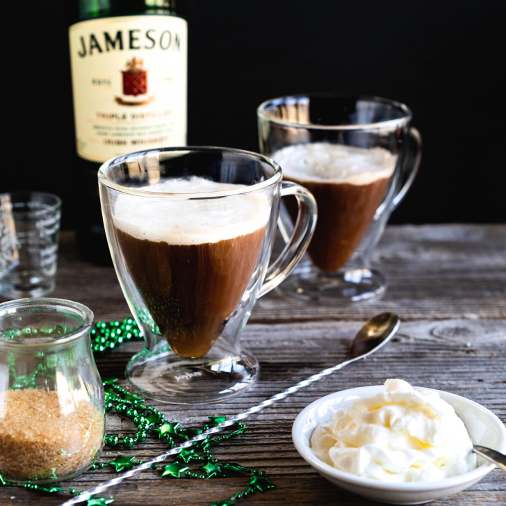 Two cups of Irish Coffee on a counter - Hostess At Heart