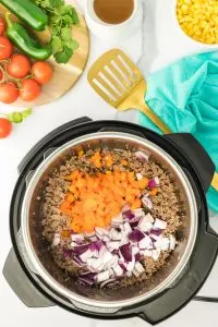 Top down view of an instant pot containing cooked ground beef topped with chopped red onion and carrots - Hostess At Heart