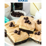 An image for Pinterest of Cookie bars made with an Oreo crust, cream cheese filling, and a coffee cappuccino topping. Hostess At Heart