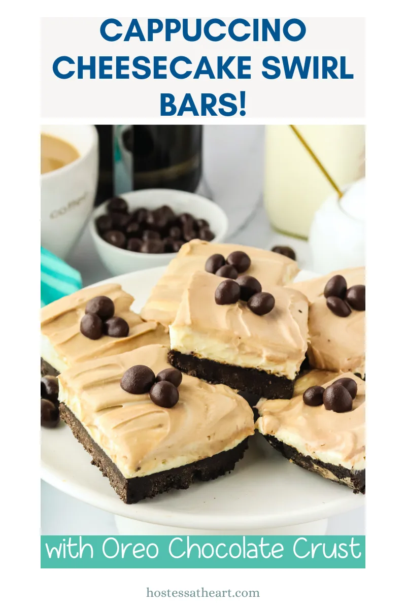 An image for Pinterest of Cookie bars made with an Oreo crust, cream cheese filling, and a coffee cappuccino topping. Hostess At Heart