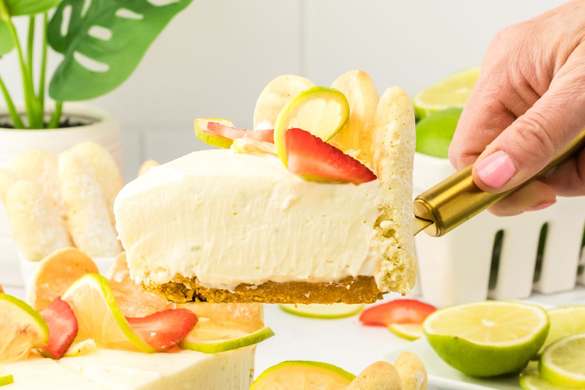 Close-up of a single slice of no-bake lime cheesecake on a server.