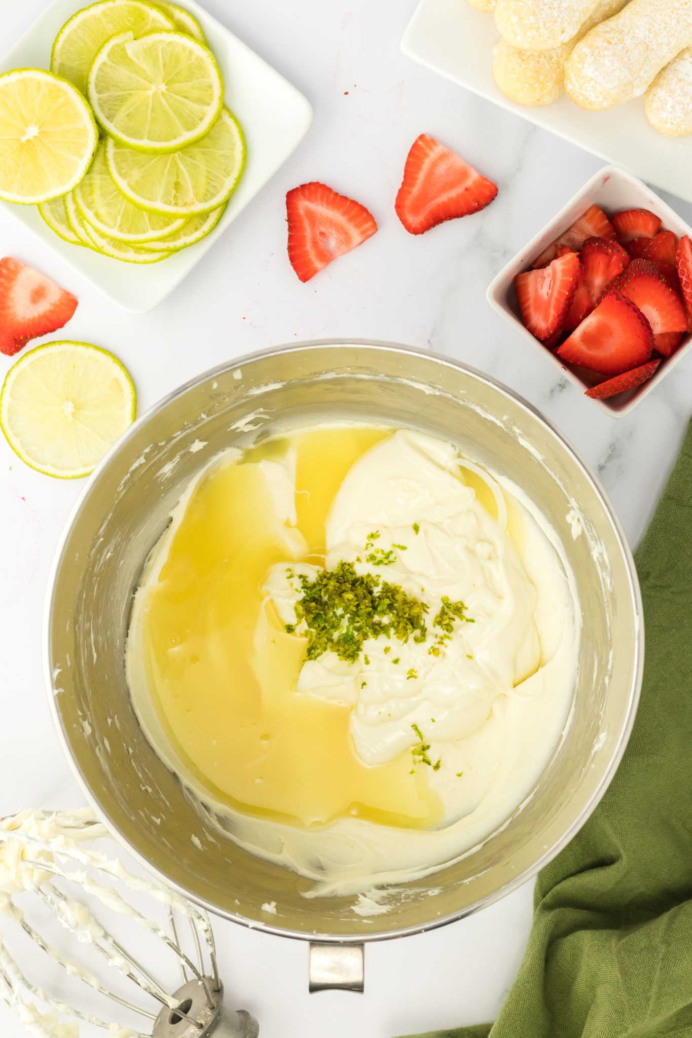 Top down view of cream cheese lime filling mixture.
