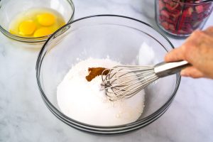 Dry ingredient to make Rhubarb Custard Pie filling including flour, sugar, cinnamon, and salt. Hostess At Heart