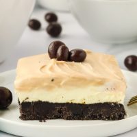 Cappuccino Chocolate Swirl Cheesecake bars -- top down view on a plate. Hostess At Heart