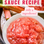An angled view of homemade rhubarb sauce for Pinterest - Hostess At Heart