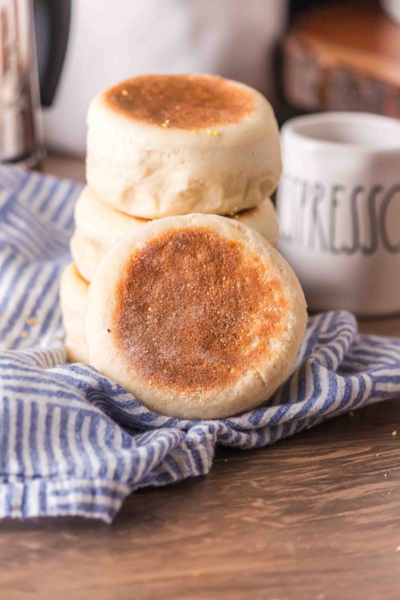 Stacked English Muffins on a napkin.