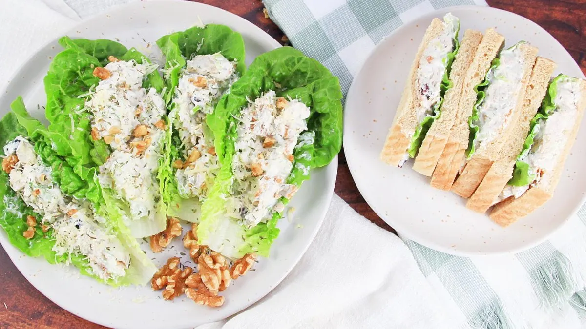 Top down view of two plates filled with chicken salad sandwiches and chicken salad lettuce wraps - Hostess At Heart
