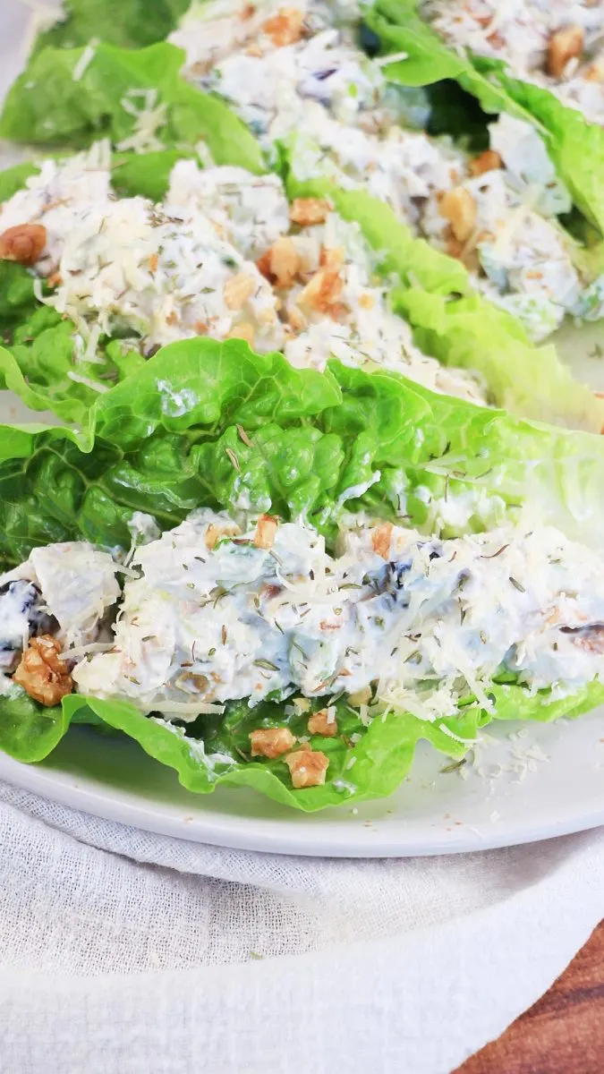 Tabletop view of Romaine lettuce topped with Yogurt Chicken Salad garnished with shredded parmesan and crushed walnuts. Hostess At Heart