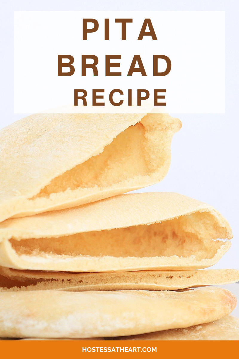 Pinterest image of stacked baked pieta bread pockets. Hostess At Heart