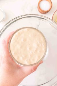 A hand holding a small bowl filled with active sourdough starter. Hostess At Heart