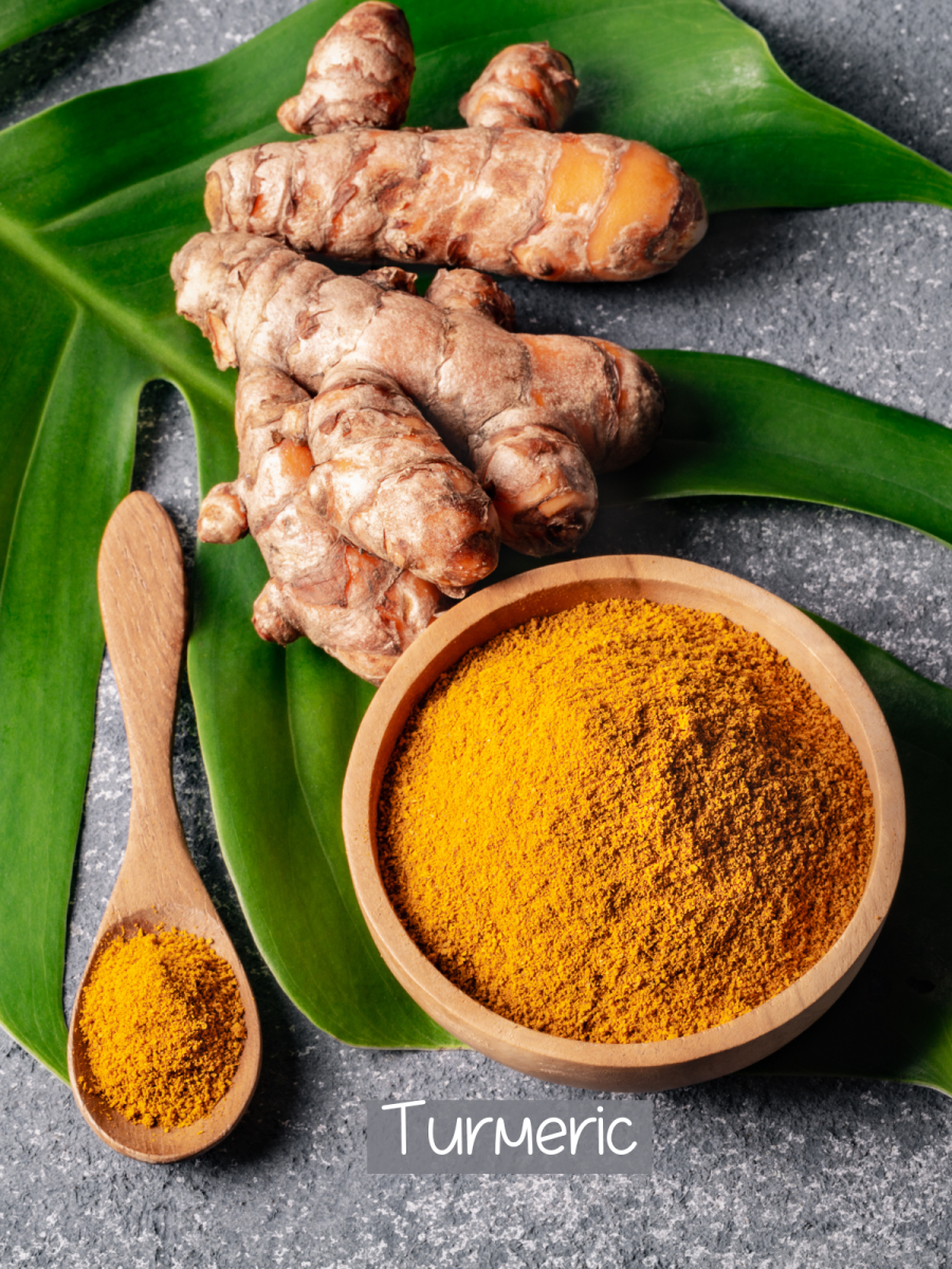 A stock image of ground turmeric and a turmeric root - Hostess At Heart