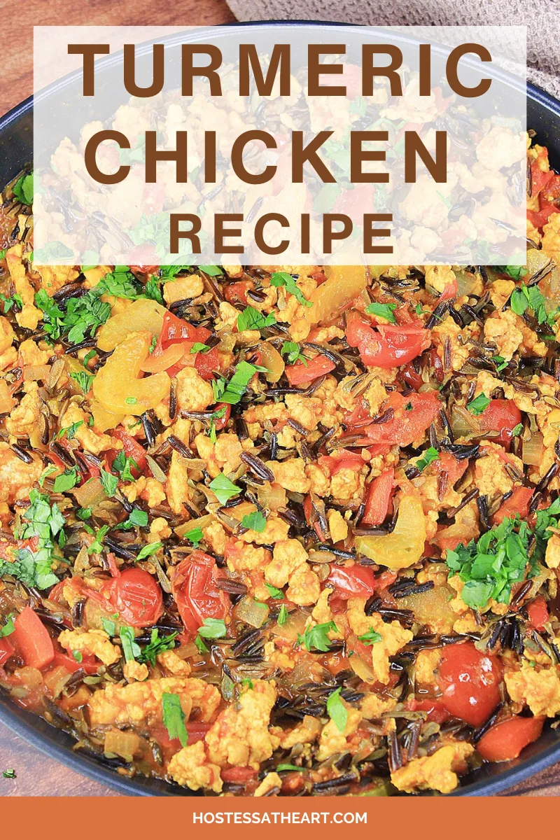 An image for Pinterest of Turmeric Chicken And Rice Skillet - Hostess At Heart