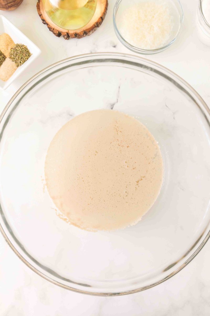 Proofing yeast in large mixing bowl.