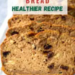 An image for Pinterest of the front view of a baked banana apple loaf with the front 2 slices leaning up agains the loaf. Hostess At Heart