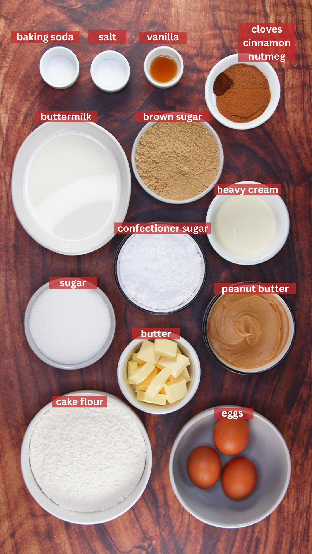 Ingredients for spice cake and peanut butter frosting: baking soda, salt, vanilla, cloves, cinnamon, nutmeg, buttermilk, brown sugar, heavy cream, confectioners sugar, granulated sugar, peanut butter, butter, cake flour, and eggs.