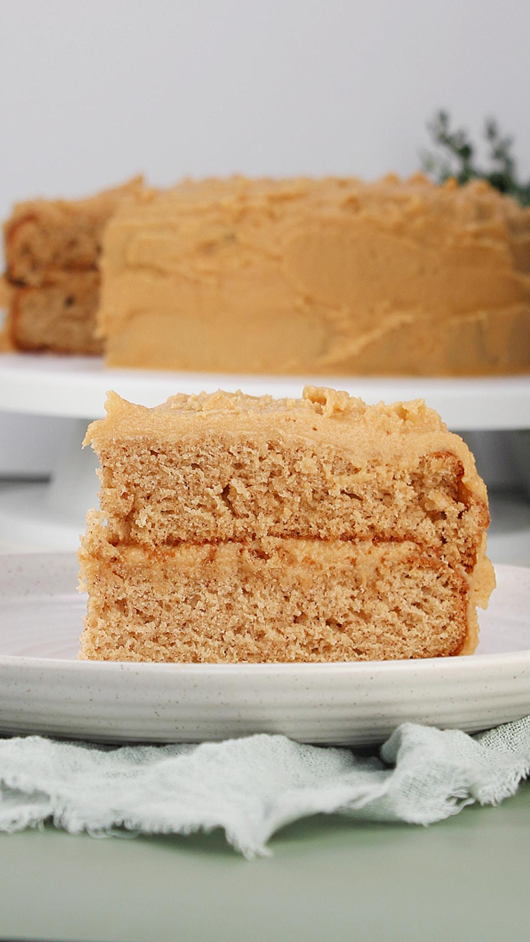 Slice of cake from our Old Fashioned Spice Cake Recipe on a plate, close-up. Hostess At Heart