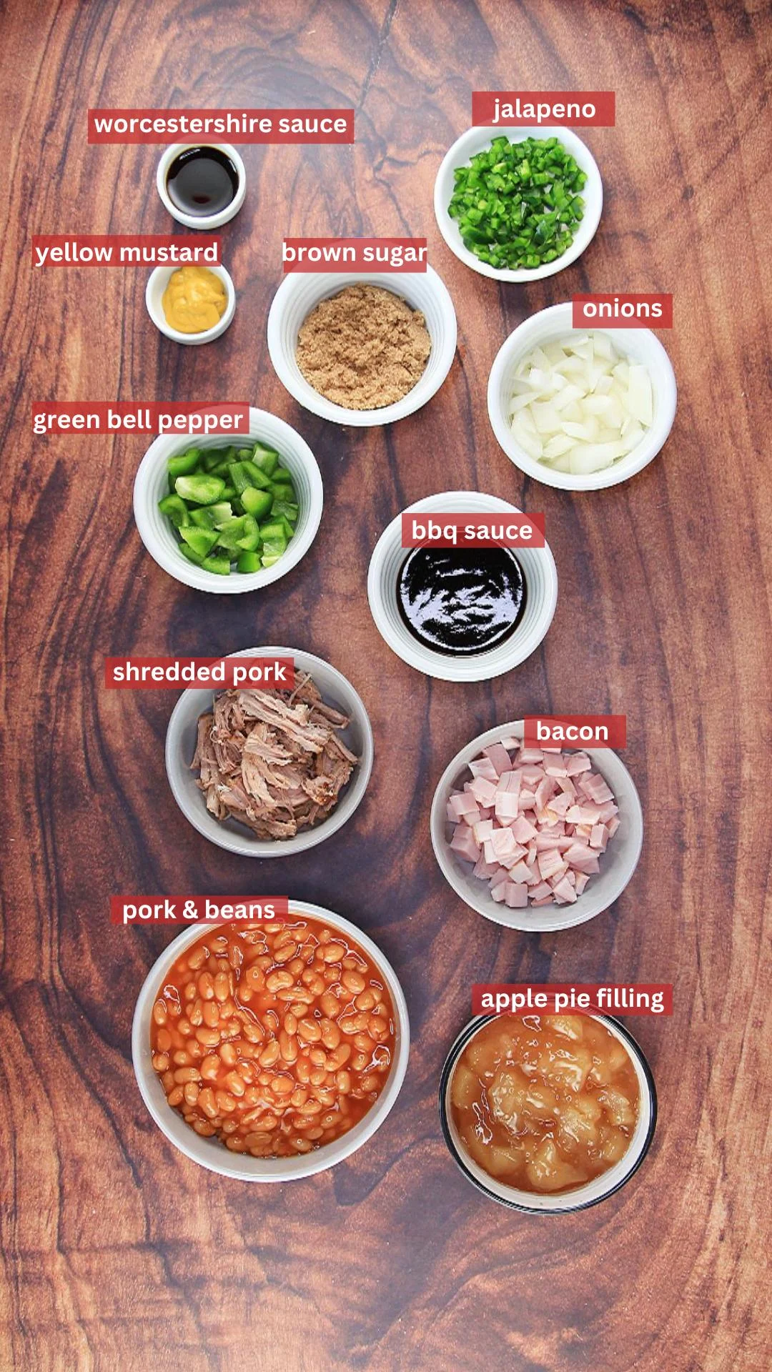 Ingredients: worcestershire sauce, jalapeno, yellow mustard, brown sugar, onions, green bell pepper, bbq sauce, shredded pork, bacon, pork and beans from a can, apple pie filling. 