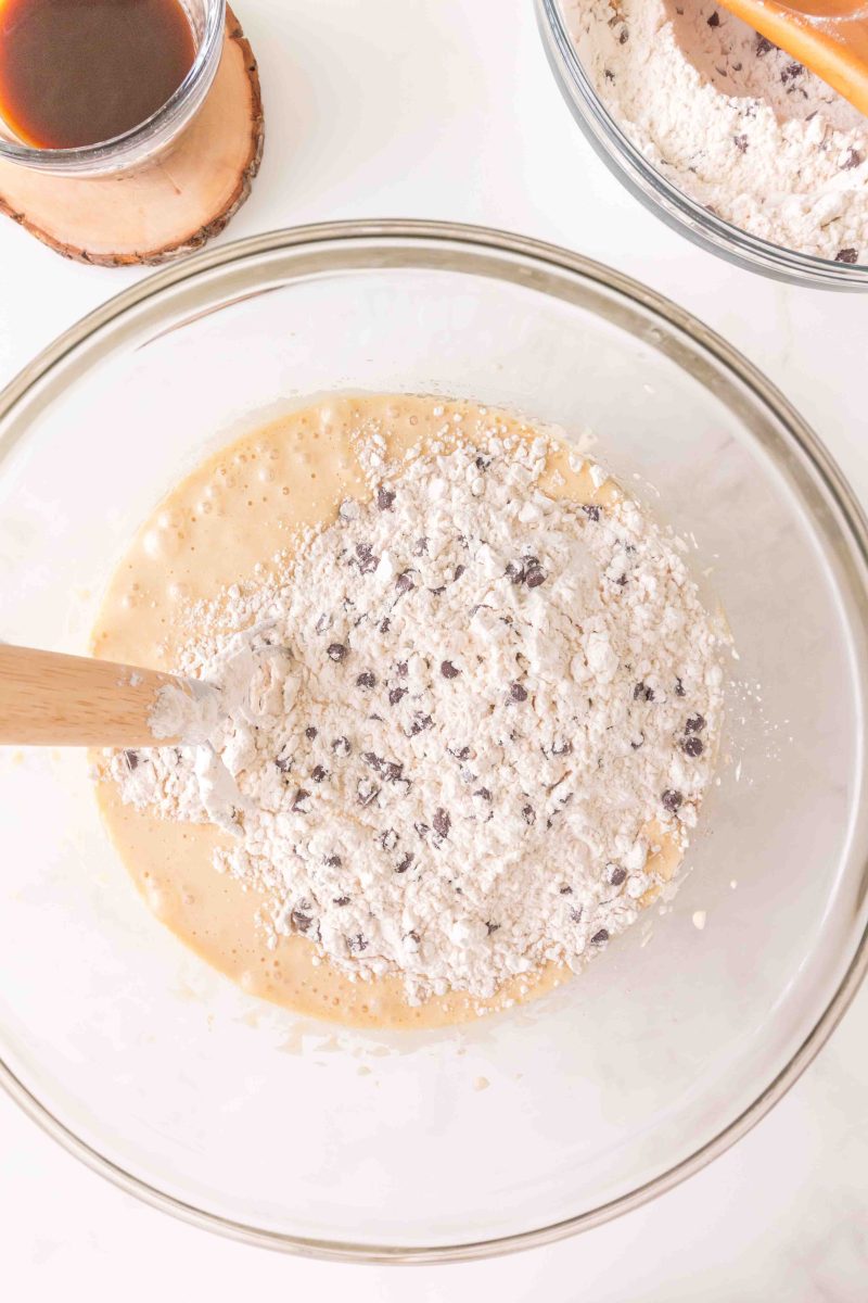 Combining the wet ingredients with the dry ingredients to form your Cappuccino Chocolate Chip Muffins batter. Hostess At Heart