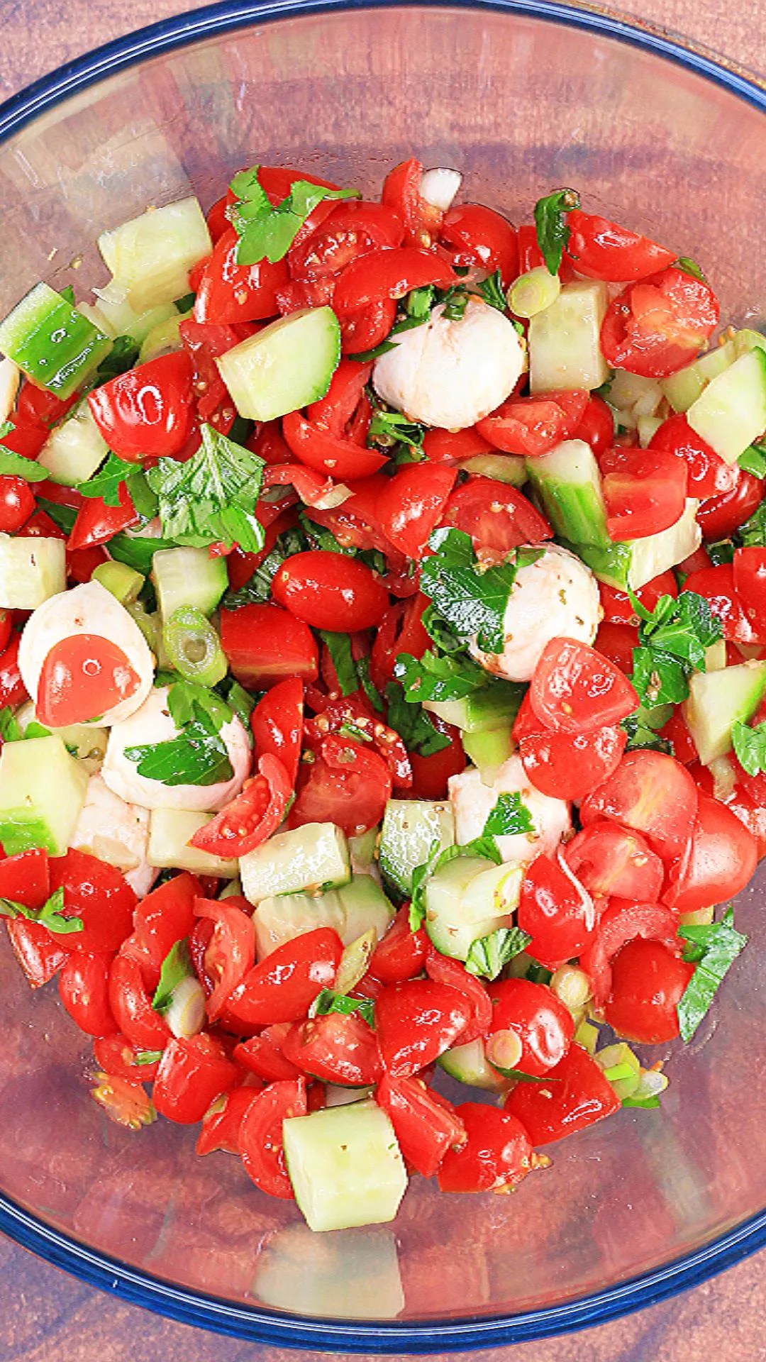 Close up of ingredients in a bowl before the dressing is added.