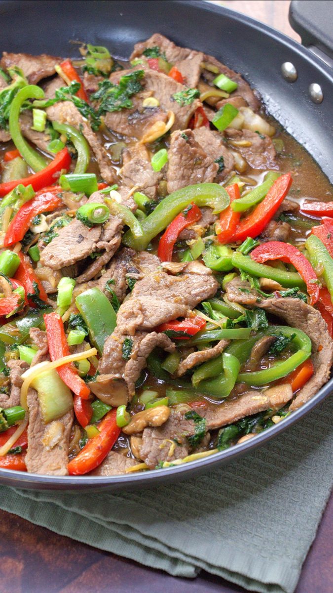 Skillet close up with Mongolian Beef Stir Fry ready to serve.