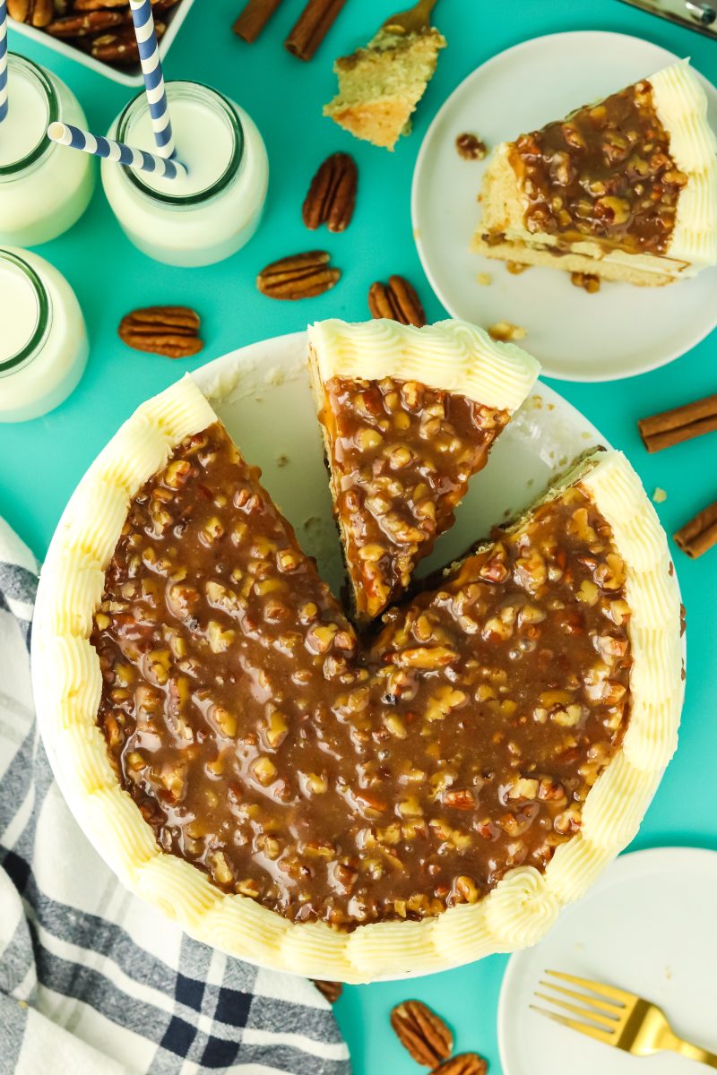 Top down view of slices cut from a round pecan pie cake - Hostess At Heart