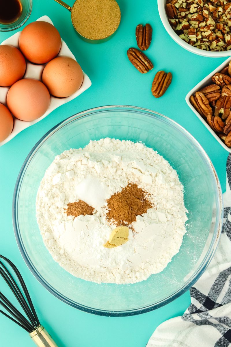 A mixing bowl filled with cake flour, baking soda, cinnamon, ginger, nutmeg, and salt - Hostess At Heart