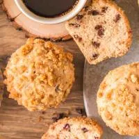 Top down view of cappuccino muffins filled with chocolate chips and topped with streusel. Hostess At Heart