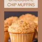 Sideview of a baked muffins with streusel topping for Pinterest. A title label reads Cappuccino Chocolate Chip Muffins - Hostess At Heart