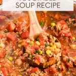 Angled view of a bowl of Hamburger and vegetable soup with a wooden spoon lifting a serving. Hostess At Heart