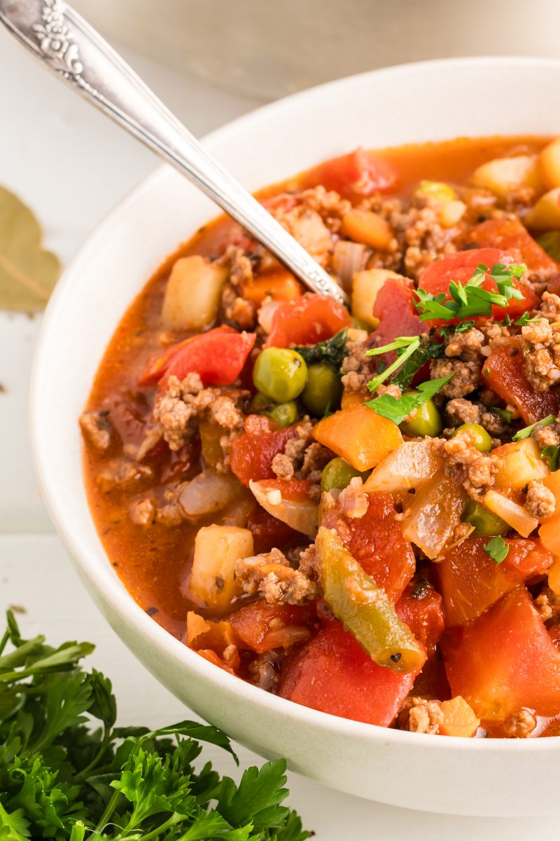 Close up of vegetable ground beef soup in a bowl with a spoon. Hostess At Heart