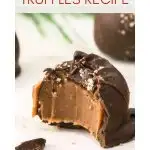 An image for Pinterest of a caramel filled chocolate truffle with a bite taken out of it. Hostess At Heart