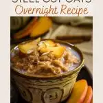 Sideview of a bowl filled with slow cooker steel cut oats and bulgur. It's topped with sliced peaches and almond slivers. Hostess At Heart