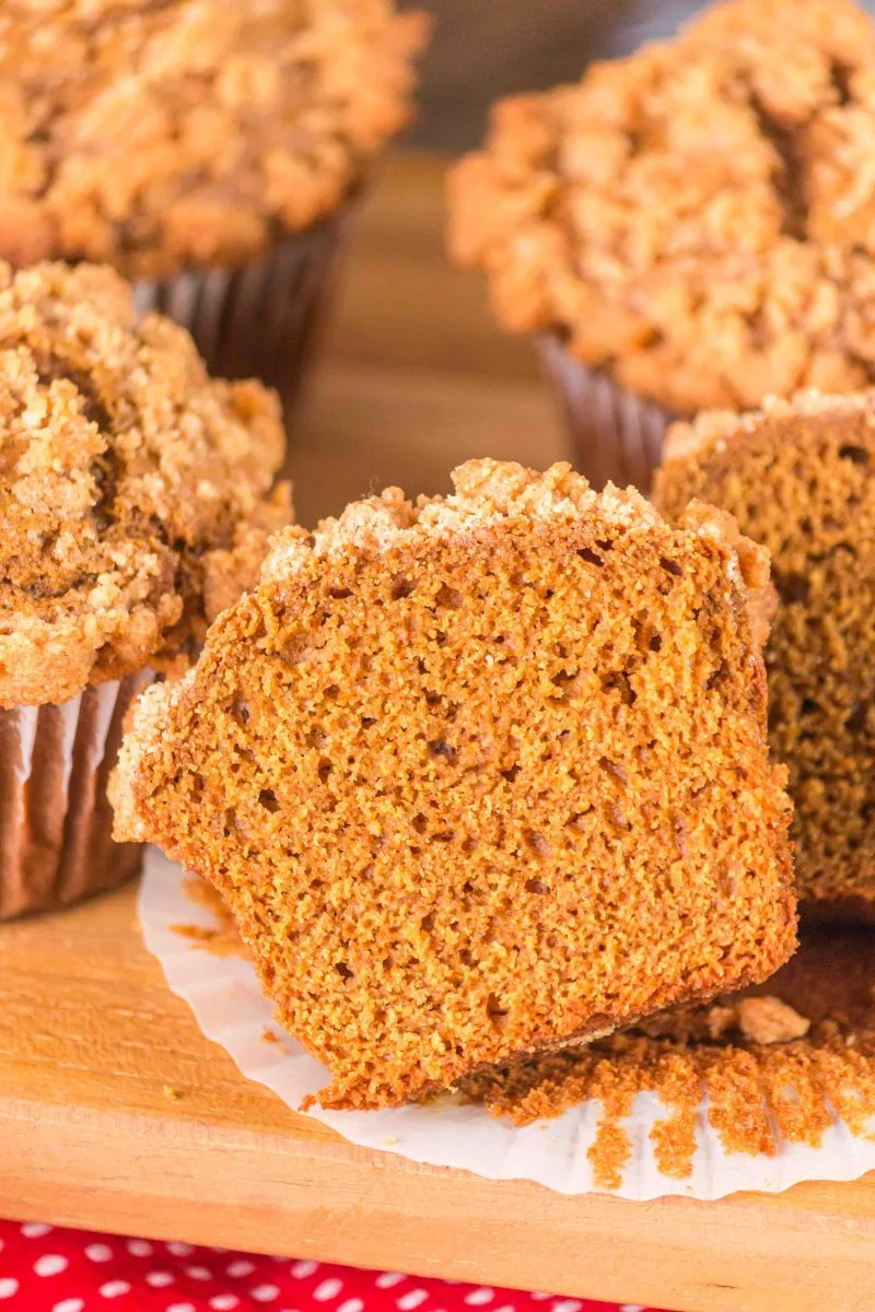 A look at the inside of a gingerbread muffin with streusel topping.